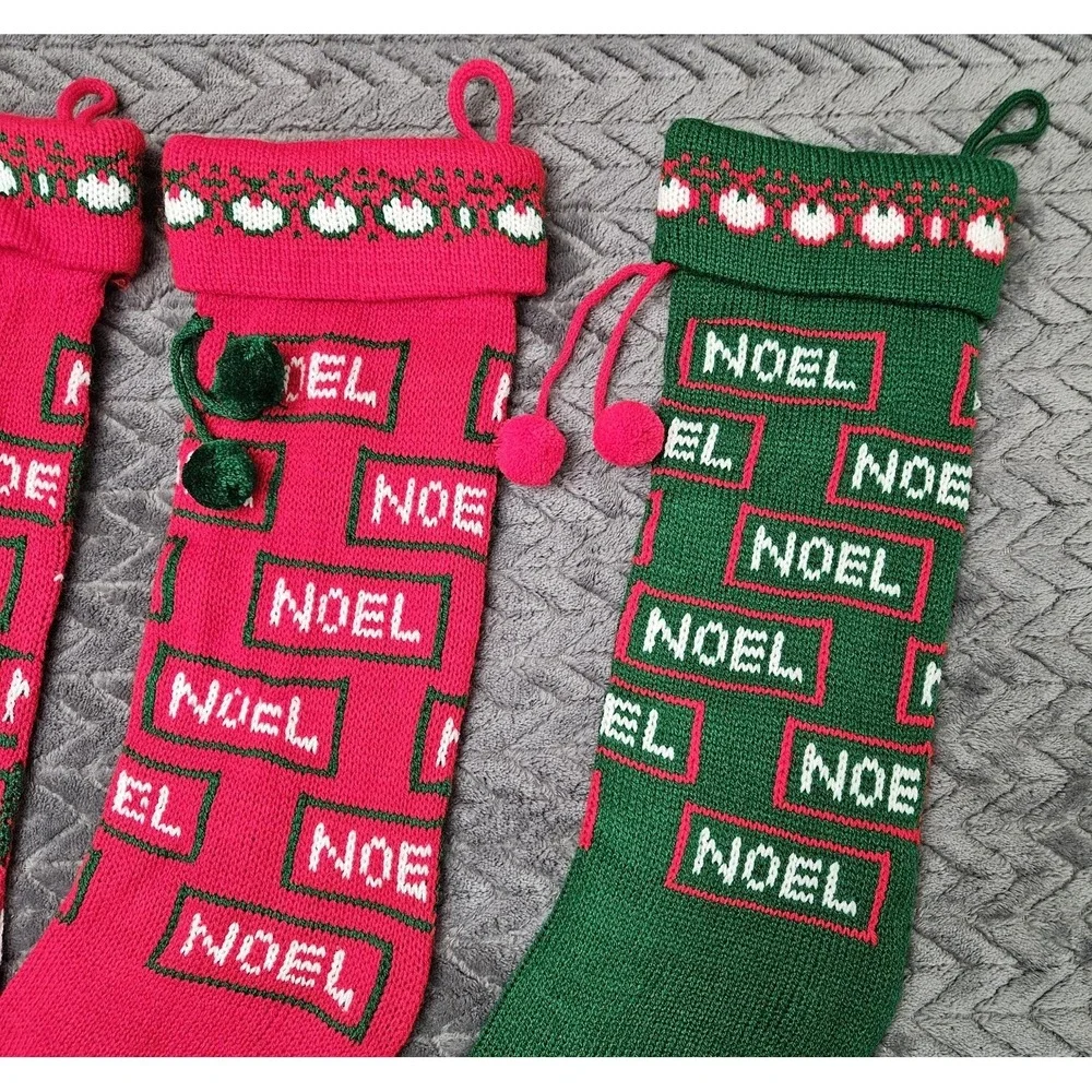 Vintage‎ 4 Knit Pom Pom Christmas Stockings Lot NOEL 3 Red 1 Green Bundle